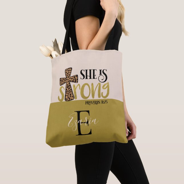Personalized Christian She Is Strong Proverbs 31 Tote Bag (Close Up)