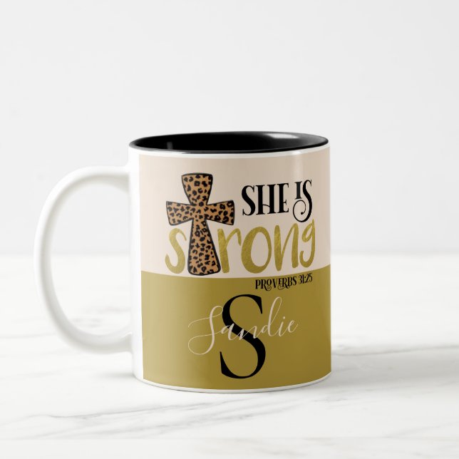 Personalized Christian She Is Strong Proverbs 31 Two-Tone Coffee Mug (Left)