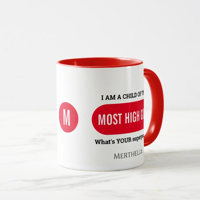 Personalized Christian Superpower Red Monogram Mug (Front Right)