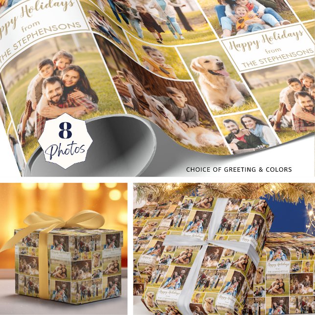 Personalized Christmas 8 Photo Collage Wrapping Paper (Creator Uploaded)
