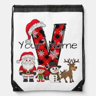 Personalized Christmas Alphabet Letter V Drawstring Bag