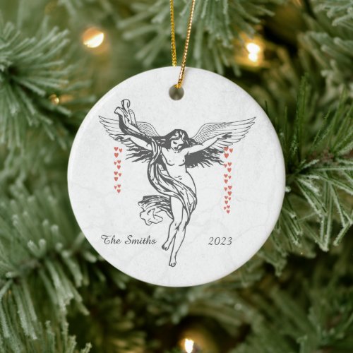 Personalized Christmas Angel Dropping Hearts  Ceramic Ornament