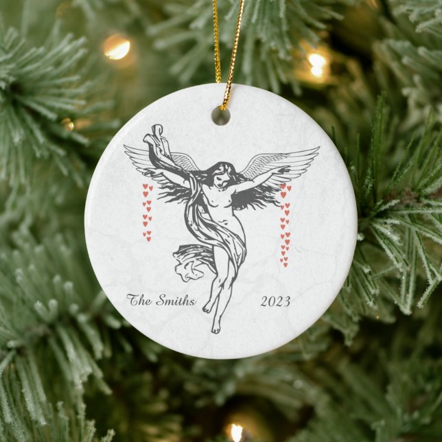Personalized Christmas Angel Dropping Hearts  Ceramic Ornament (Tree)
