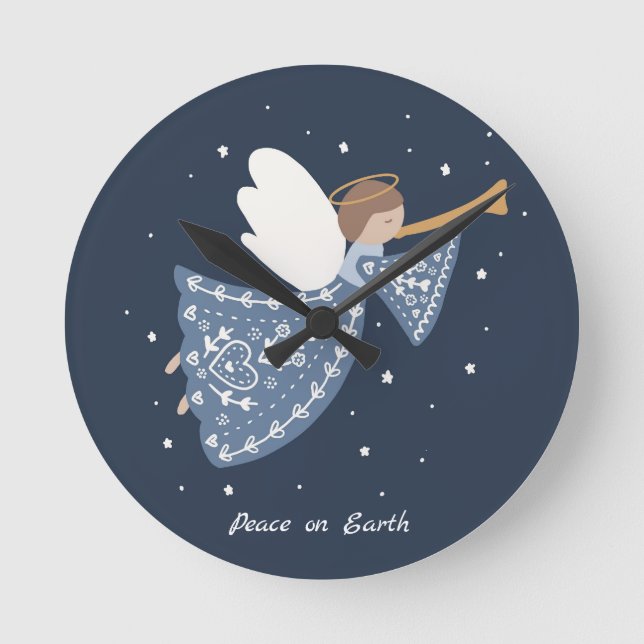 Personalized Christmas Angel Holiday Peace Earth Round Clock (Front)