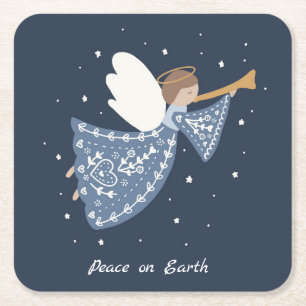 Personalized Christmas Angel Holiday Peace Earth Square Paper Coaster