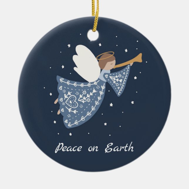 Personalized Christmas Angel Peace on Earth Family Ceramic Ornament (Front)