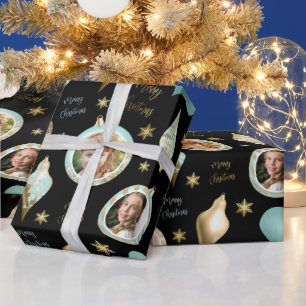 Personalized Christmas Aqua Gold Photo Ornament Wrapping Paper