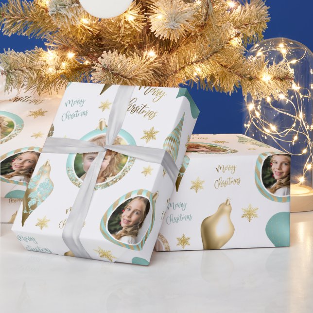 Personalized Christmas Aqua Gold Photo Ornament Wrapping Paper (Holidays)