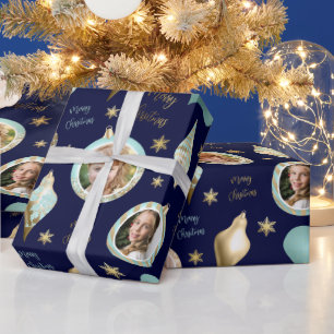 Personalized Christmas Aqua Gold Photo Ornament Wrapping Paper