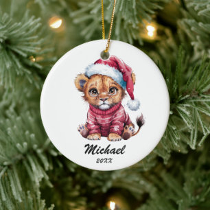 Personalized Christmas Baby lion with Santa Hat Ceramic Ornament