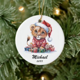 Personalized Christmas Baby lion with Santa Hat Ceramic Ornament