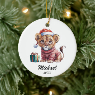 Personalized Christmas Baby lion with Santa Hat Ceramic Ornament