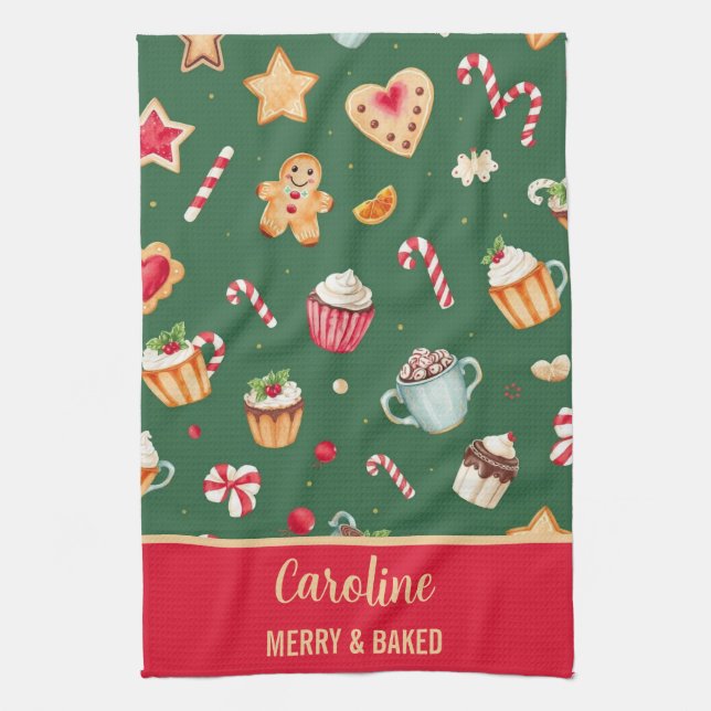 Personalized Christmas Baking Pattern Kitchen Towel (Vertical)