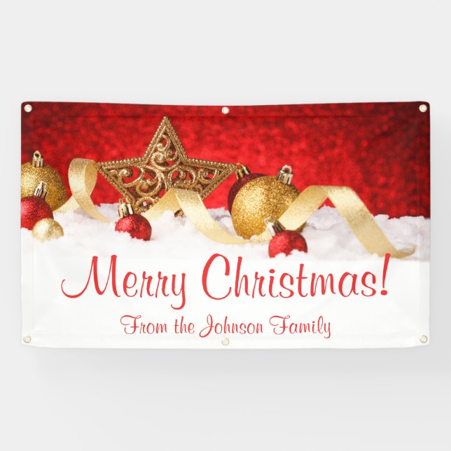 Personalized Christmas Banner Red Gold Star (Horizontal)