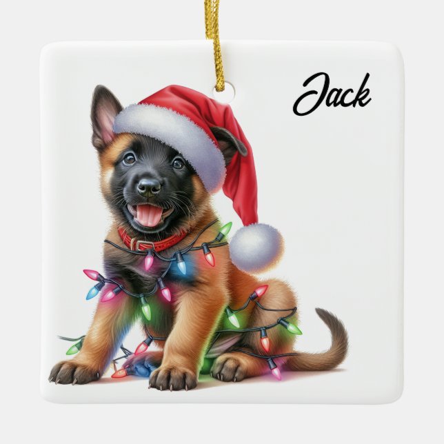 Personalized Christmas Belgian Malinois Puppy Ceramic Ornament (Front)