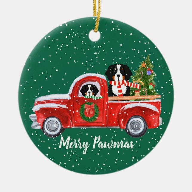 Personalized Christmas Berner Dogs Red Truck Ceramic Ornament (Front)