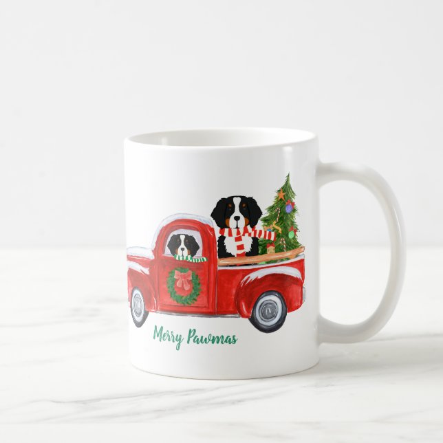 Personalized Christmas Berner Dogs Red Truck Coffee Mug (Right)