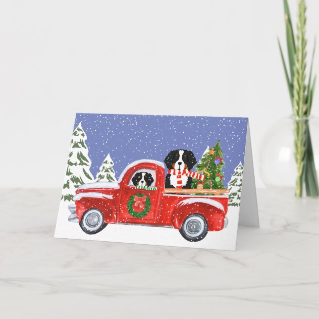 Personalized Christmas Berner Dogs Red Truck Holiday Card (Front)