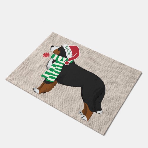 Personalized Christmas Bernese Mountain Dog Burlap Doormat