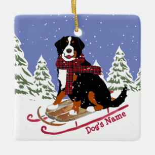Personalized Christmas Bernese Mt Dog Sledding Ceramic Ornament