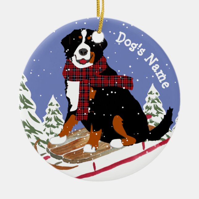 Personalized Christmas Bernese Mt Dog Sledding Ceramic Ornament (Front)