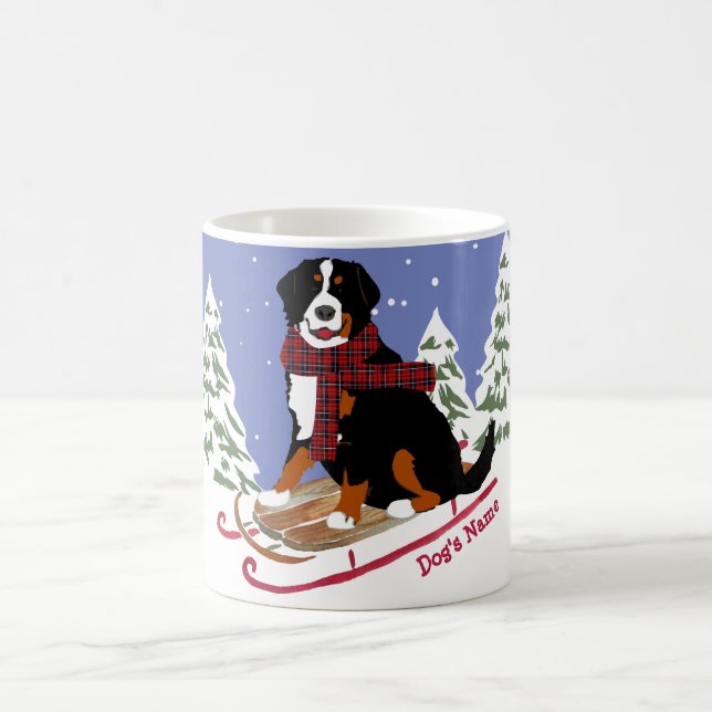 Personalized Christmas Bernese Mt Dog Sledding Coffee Mug (Center)