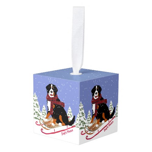 Personalized Christmas Bernese Mt Dog Sledding Cube Ornament