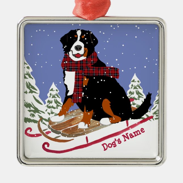 Personalized Christmas Bernese Mt Dog Sledding Metal Ornament (Front)