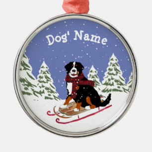Personalized Christmas Bernese Mt Dog Sledding Metal Ornament