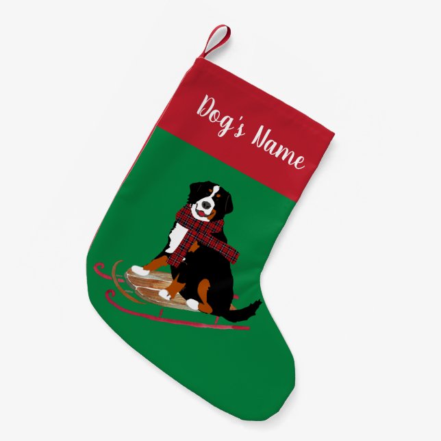 Personalized Christmas Bernese Mt Dog Sledding Small Christmas Stocking (Front (Hanging))