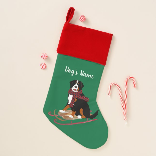 Personalized Christmas Bernese Mt Dog Sledding Stocking (Front)