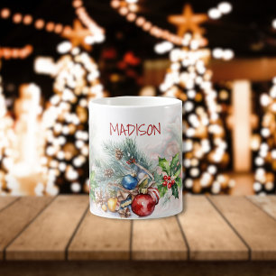 Personalized Christmas Berries and Frosted Wreath Color Morph Mug