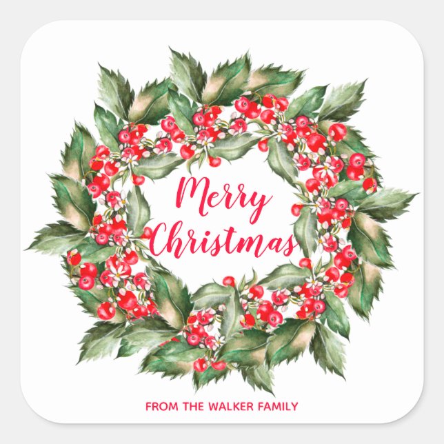 Personalized Christmas Berries Wreath Square Sticker (Front)