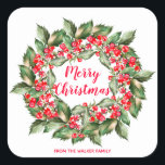 Personalized Christmas Berries Wreath Square Sticker<br><div class="desc">personalized Christmas wreath sticker perfect for gifts and party favors.</div>