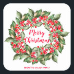 Personalized Christmas Berries Wreath Square Sticker<br><div class="desc">personalized Christmas wreath sticker perfect for gifts and party favors.</div>