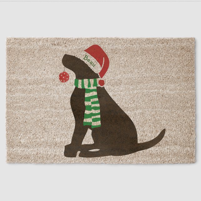 Personalized Christmas Black Lab Holiday Dog Fiber Doormat (Front)