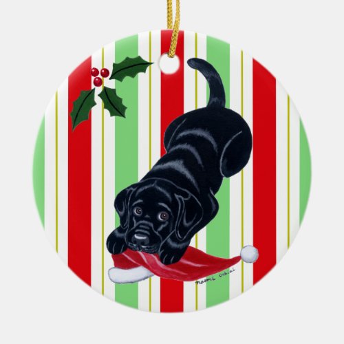 Personalized Christmas Black Lab Puppy Ceramic Ornament