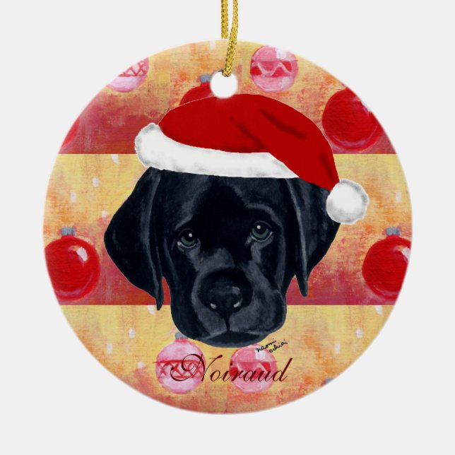 Personalized Christmas Black Labrador Puppy Ceramic Ornament (Front)