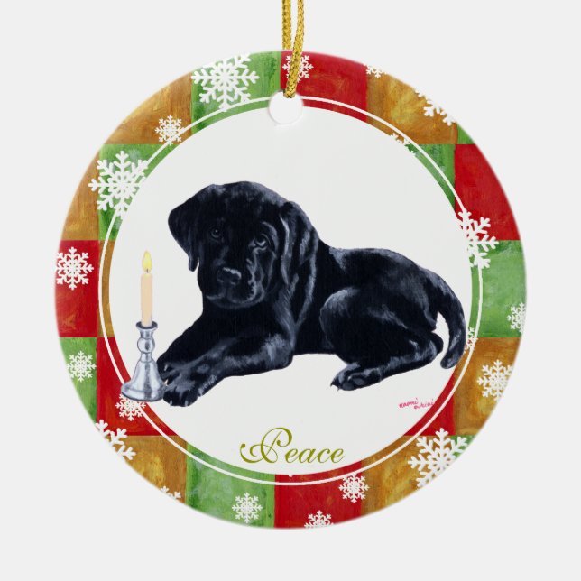 Personalized Christmas Black Labrador Puppy Ceramic Ornament (Front)