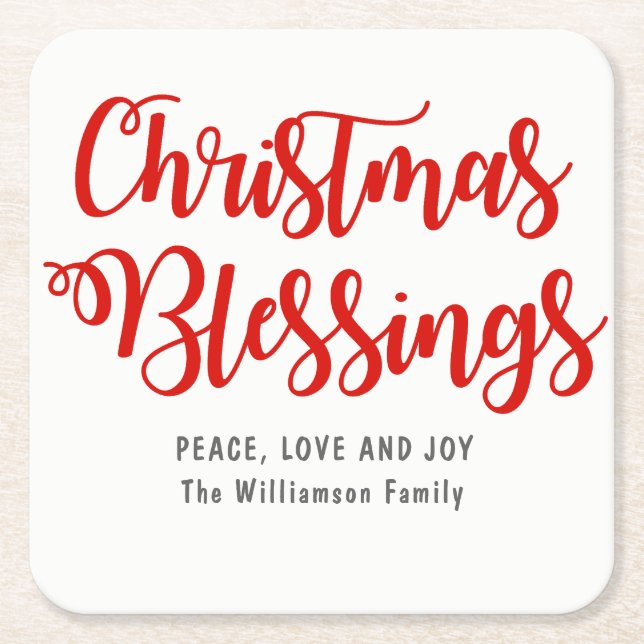 Personalized Christmas Blessings Red and White Square Paper Coaster (Front)