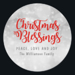 Personalized Christmas Blessings Silver and Red Classic Round Sticker<br><div class="desc">Beautiful and traditional Christmas Blessings silver envelope seal or Christmas sticker. It begins with a soft silver gray background that has soft circles and dots of light in it. Christmas Blessings is written in a holiday red script font. Peace, Love and Joy is written below. in dark gray capital letters....</div>