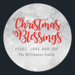 Personalized Christmas Blessings Silver and Red Classic Round Sticker<br><div class="desc">Beautiful and traditional Christmas Blessings silver envelope seal or Christmas sticker. It begins with a soft silver gray background that has soft circles and dots of light in it. Christmas Blessings is written in a holiday red script font. Peace, Love and Joy is written below. in dark gray capital letters....</div>