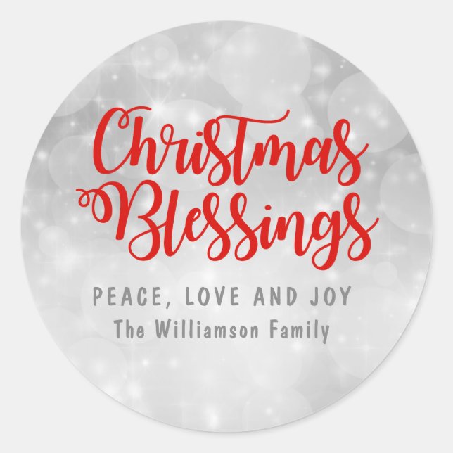 Personalized Christmas Blessings Silver and Red Classic Round Sticker (Front)