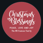 Personalized Christmas Blessings Silver and White Classic Round Sticker<br><div class="desc">Beautiful and traditional Christmas Blessings red envelope seal or Christmas sticker. It begins with a dark red background. Christmas Blessings is written in a crisp white script font. Peace, Love and Joy is written below. in white capital letters. Your name is just below. Peace, Love and Joy and the family...</div>
