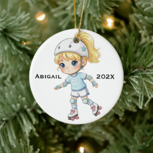 Personalized Christmas Blonde Girl Roller Skating Ceramic Ornament