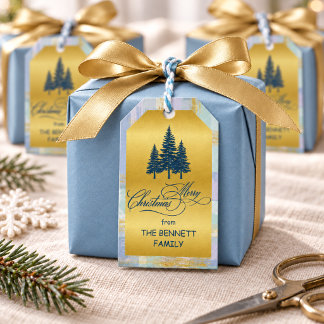 Personalized Christmas Blue Pine & Gold Plaid Gift Tags