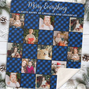 Personalized Christmas Blue Plaid Photo Collage Sherpa Blanket