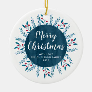 Personalized Christmas Blue Watercolor Floral Ceramic Ornament