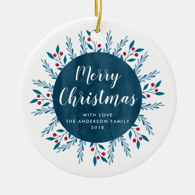 Personalized Christmas Blue Watercolor Floral Ceramic Ornament (Front)