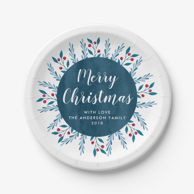 Personalized Christmas Blue Watercolor Floral Paper Plates (Front)